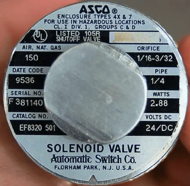 Solenoid Valve nameplate details Specifications