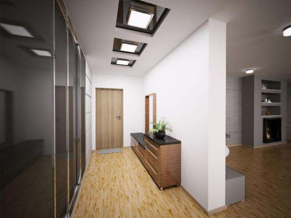 белый многоуровневый потолок со встроенными светильниками в коридоре