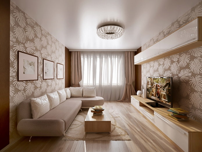 сатиновый потолок белого цвета в гостиной