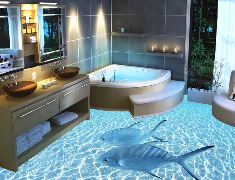 Дизайн просторной ванной с наливным полом