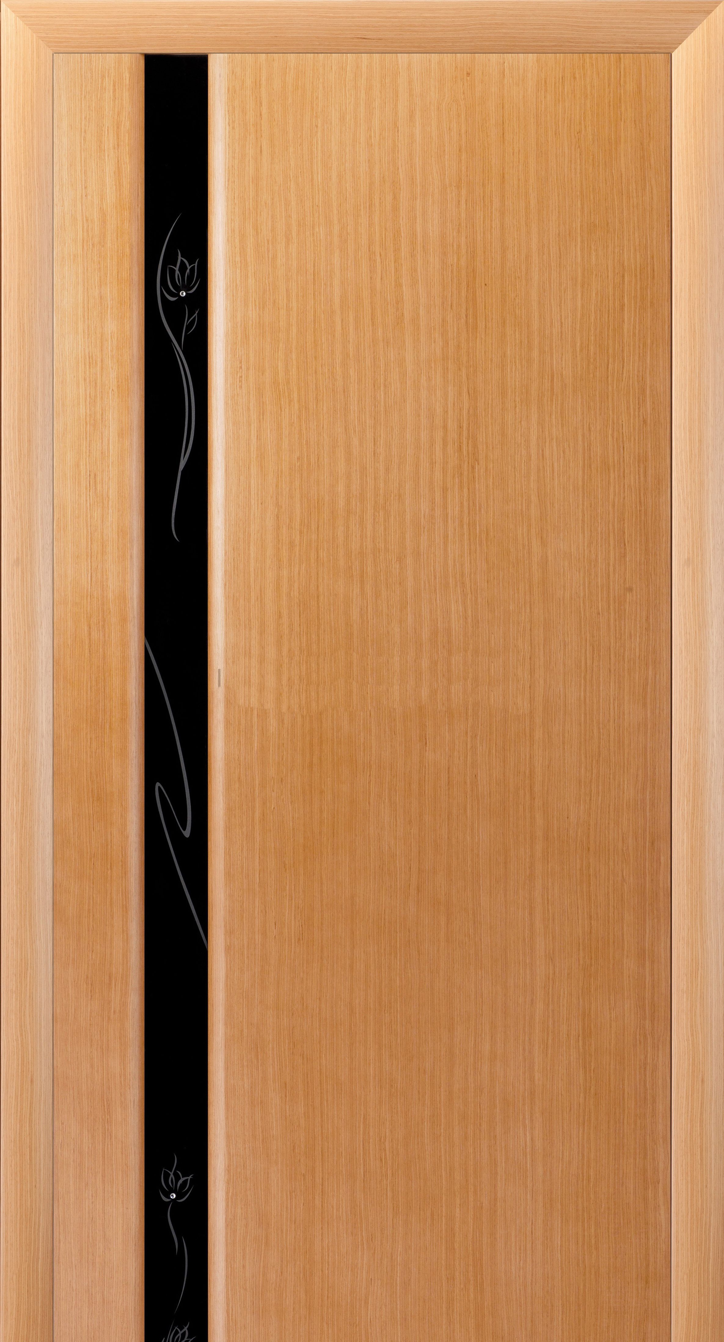 Modern interior door in bright colours with panels of dark glass