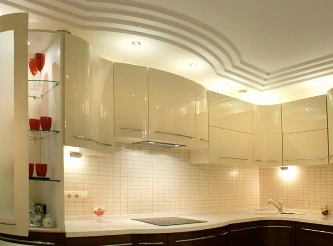 Дизайн потолка из гипсокартона кухни