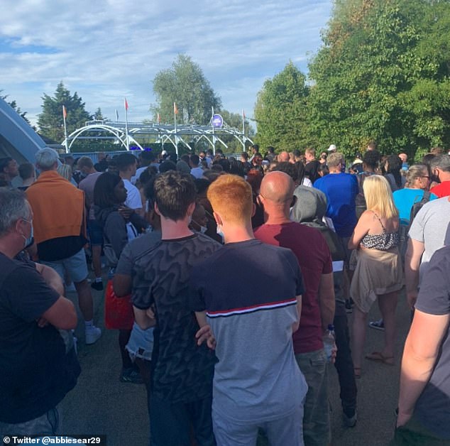 Visitors at the Surrey theme park have claimed two people were injured during an attack at the site. Pictured, crowds forming. Thorpe Park has confirmed a visitor was 