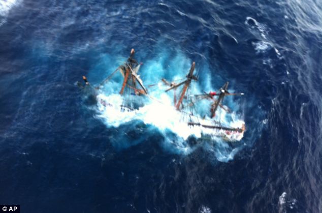 Abandon ship: Six metre waves and ferocious gales forced the crew to abandon ship as the 180-foot three-masted ship sinks in the Atlantic Ocean