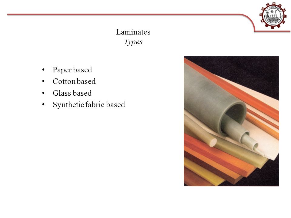 Laminates Types Paper based Cotton based Glass based Synthetic fabric based