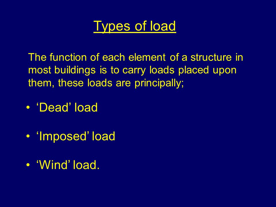 Types of load The function of each element of a structure in most buildings is to carry loads placed upon them, these loads are principally; Dead load Imposed load Wind load.