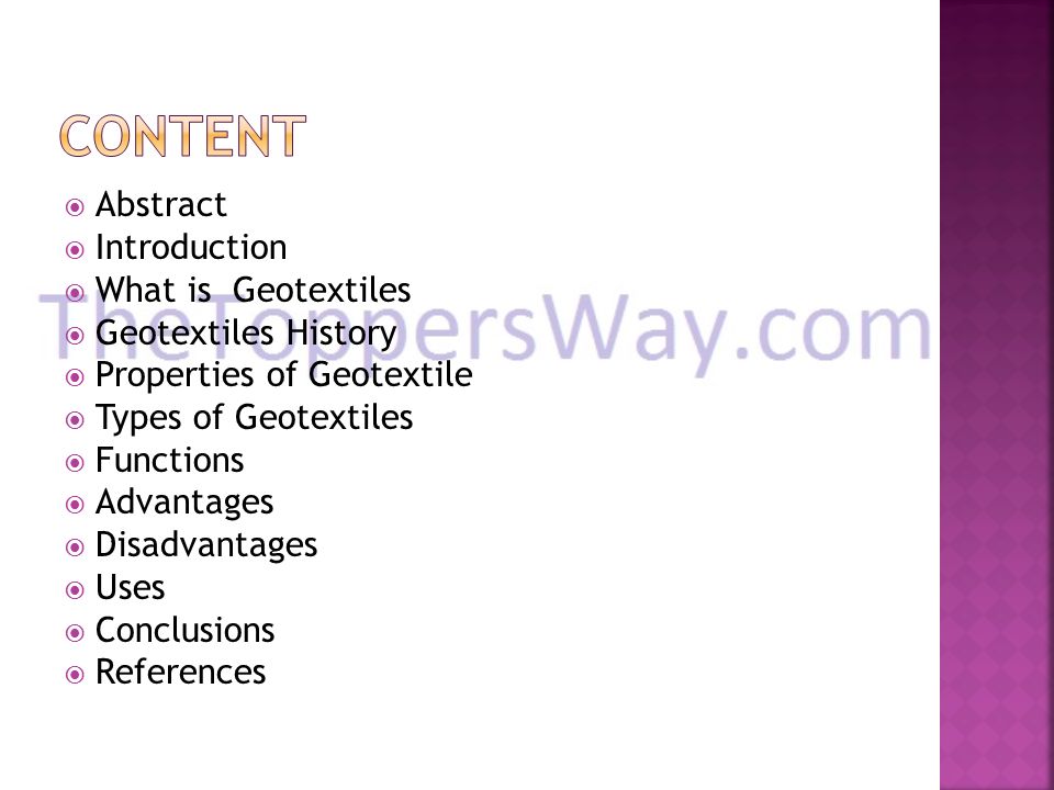 Content Abstract Introduction What is Geotextiles Geotextiles History