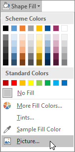 Screenshot of the Picture Fill option from Shape Fill on the Format tab in Publisher.