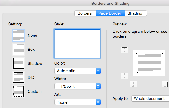 Select the style, color, and width for the page border