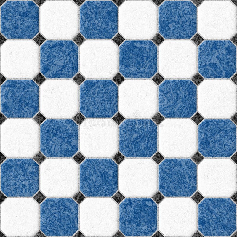 Blue and white marble square floor tiles seamless pattern texture background. Blue and white marble square floor tiles with black rhombs and gray gap - seamless stock illustration