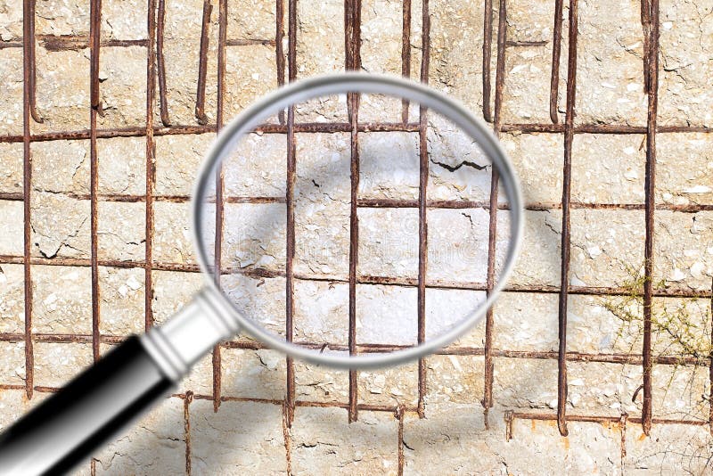 Cracked reinforced concrete wall - Concept image seen through a magnifying glass vector illustration