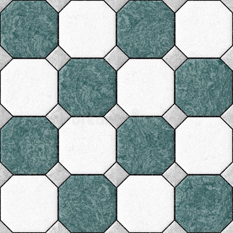 Marble square floor tiles with gray rhombs seamless pattern texture background - blue, green and white color. Marble square floor tiles with gray rhombs and stock illustration