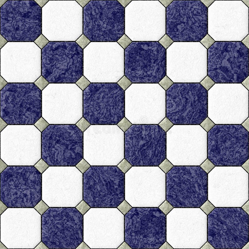 Marble square floor tiles with gray rhombs seamless pattern texture background - navy blue and white color. Marble square floor tiles with gray rhombs and black vector illustration