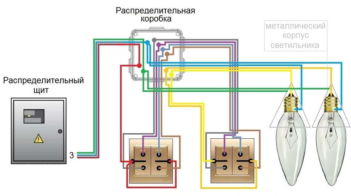 Схема подключения двухклавишного выключателя.