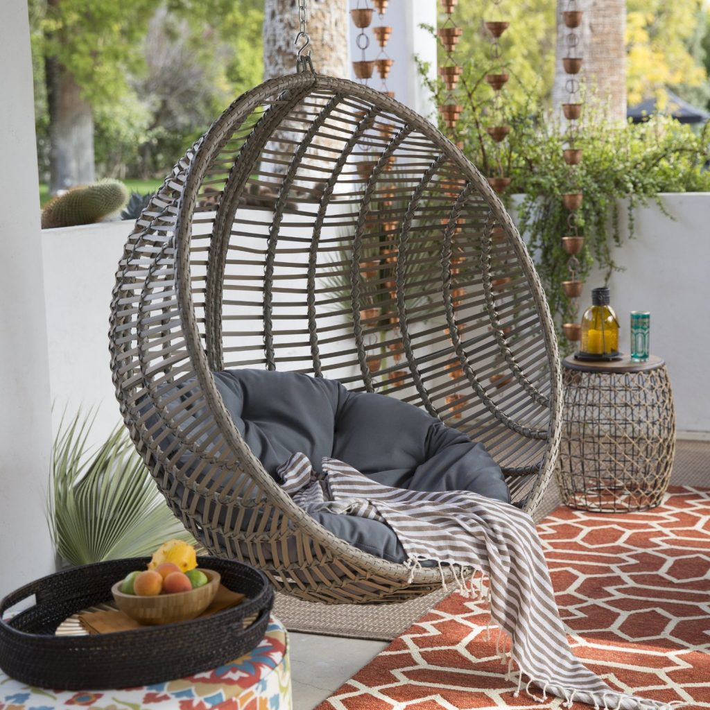 Hanging Round Wicker Chair with Cushion and Stand in Driftwood Finish
