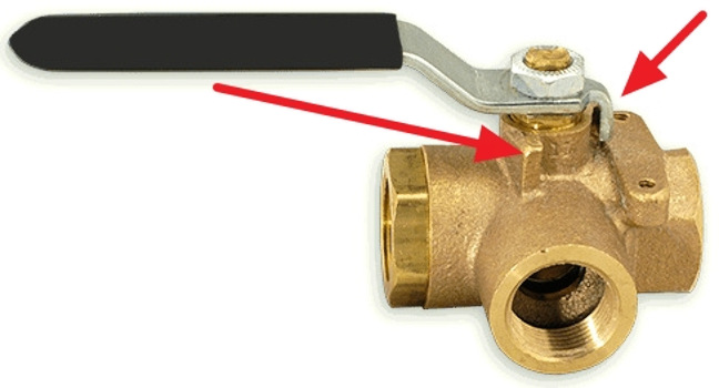 A simplified drawing of a typical horizontal type L-port valve ball flow pattern. In this position, flow is between the bottom or common port and the right port.