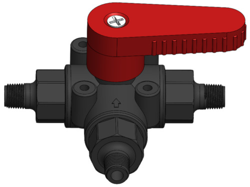 An ISM PMBV series plastic diverter valve, a typical horizontal type three-way ball valve.